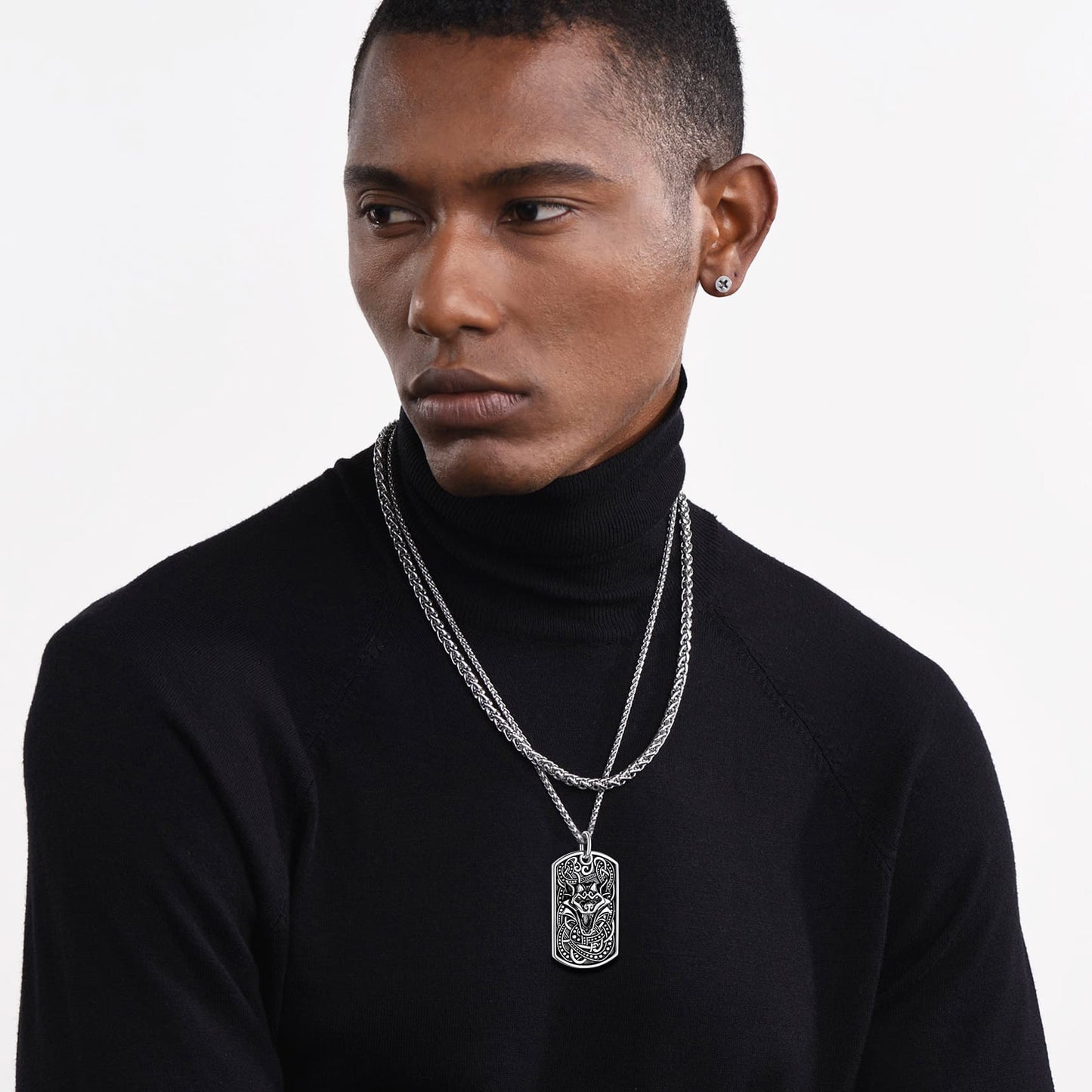 Engraved Viking Celtic Wolf Dog Tag Necklace for Men