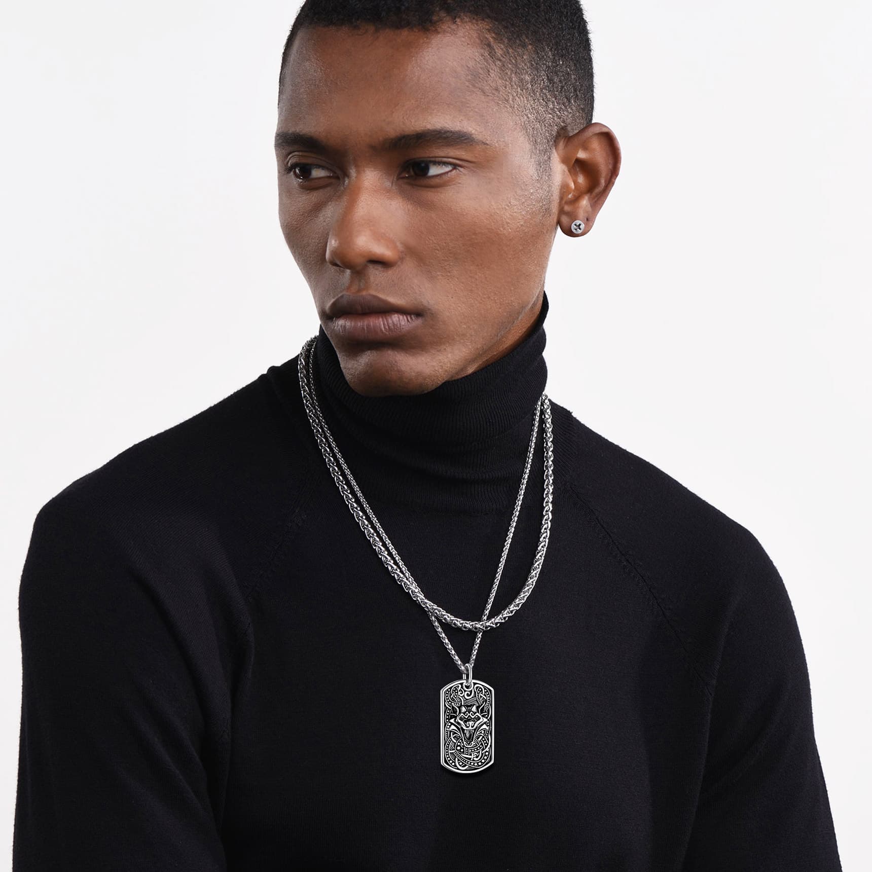Engraved Viking Celtic Wolf Dog Tag Necklace for Men