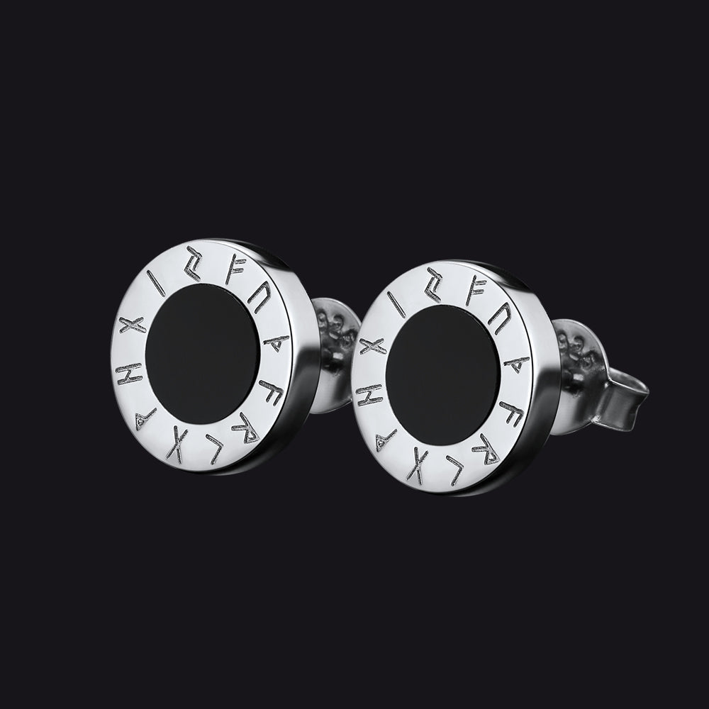 Black Onyx Stud Earrings With Viking Runes in Sterling Silver