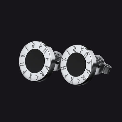 Black Onyx Stud Earrings With Viking Runes in Sterling Silver