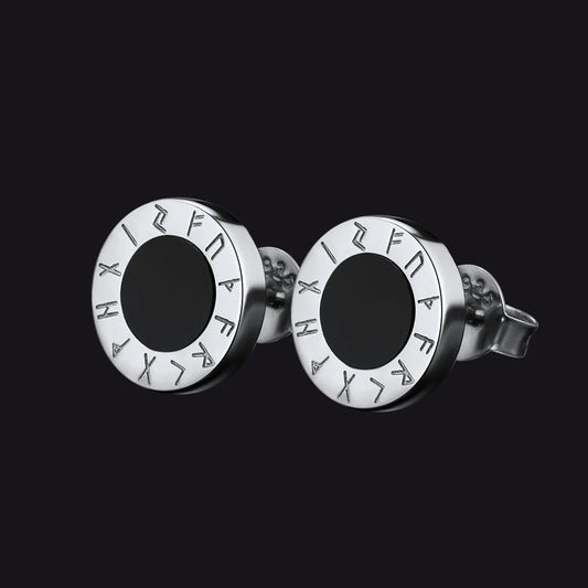 Black Onyx Stud Earrings With Viking Runes in Sterling Silver