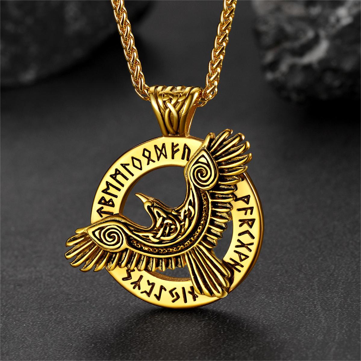 Viking Odin's Raven Necklace For Men With Runes