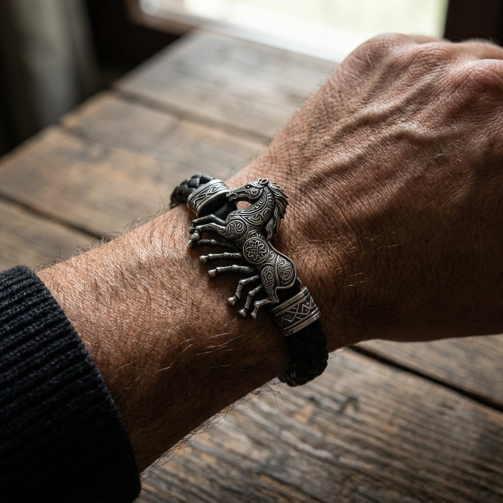 Viking Sleipnir Horse Braided Leather Bracelet