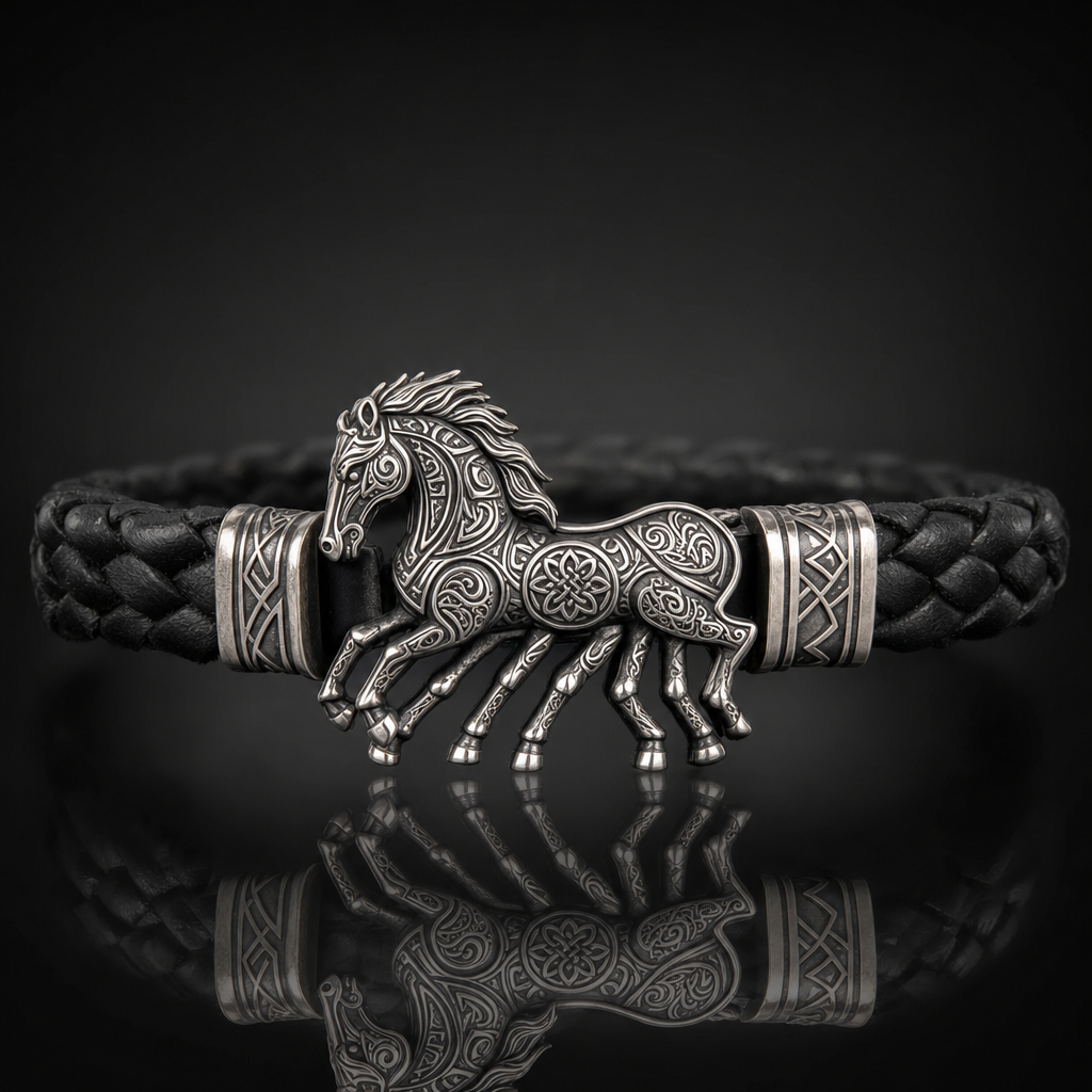 Viking Sleipnir Horse Braided Leather Bracelet