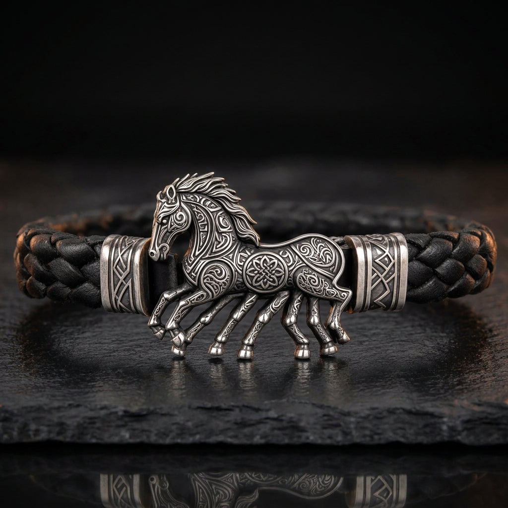 Viking Sleipnir Horse Braided Leather Bracelet