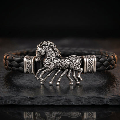 Viking Sleipnir Horse Braided Leather Bracelet
