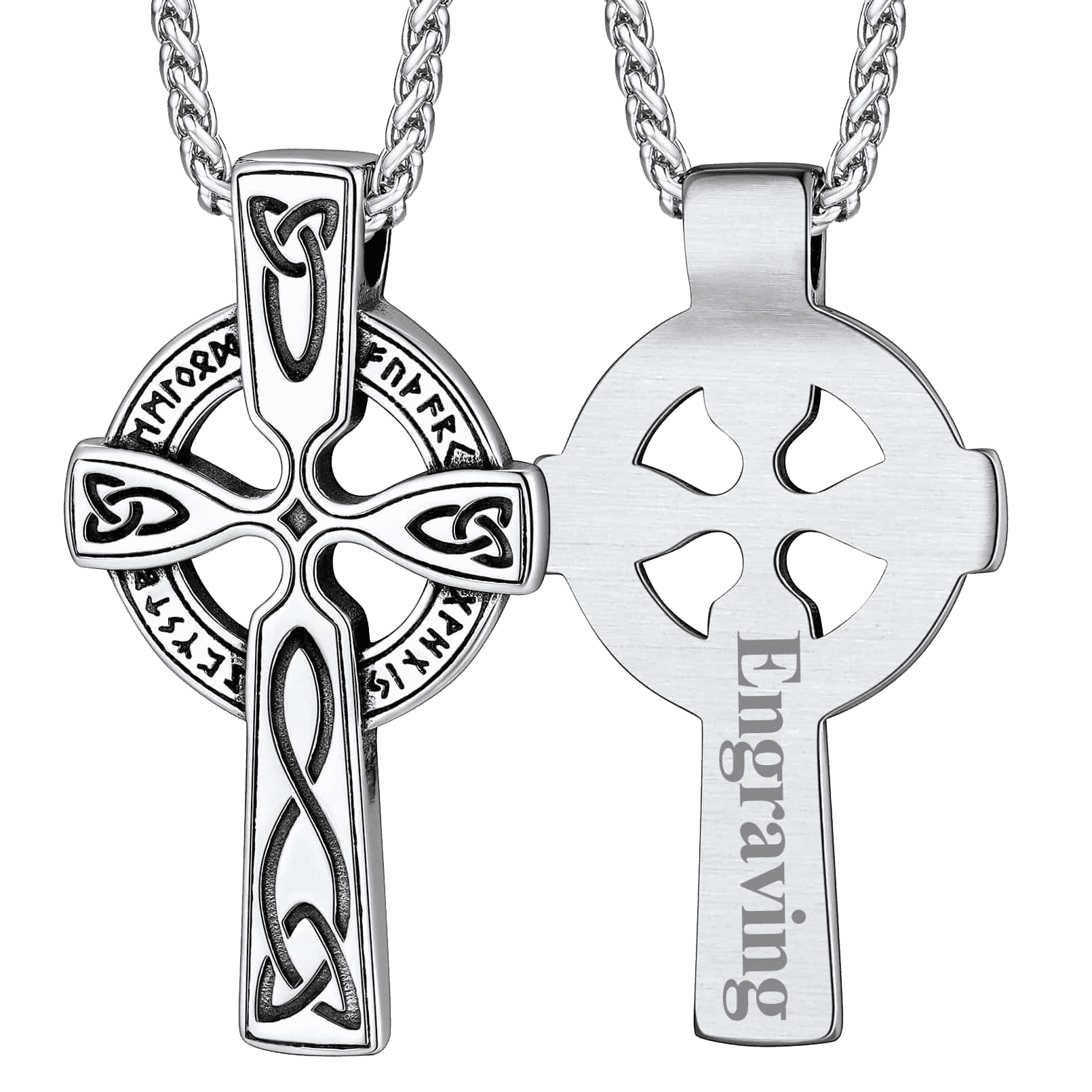 Irish Celtic Cross Pendant Necklace with Viking Runes for Men