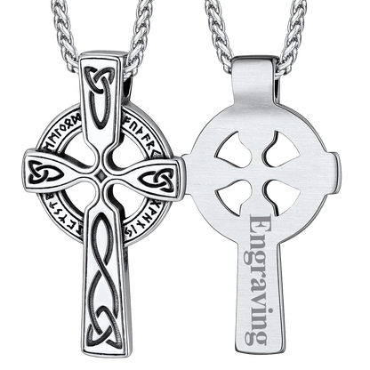 Irish Celtic Cross Pendant Necklace with Viking Runes for Men