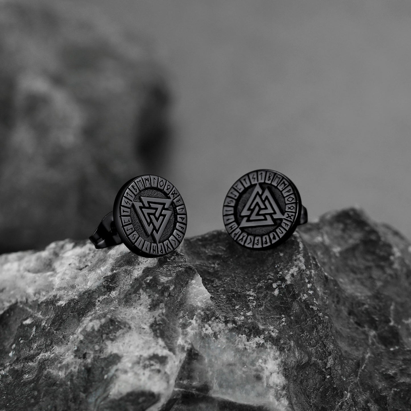 Viking Valknut Black Stud Earrings For Men With Runes