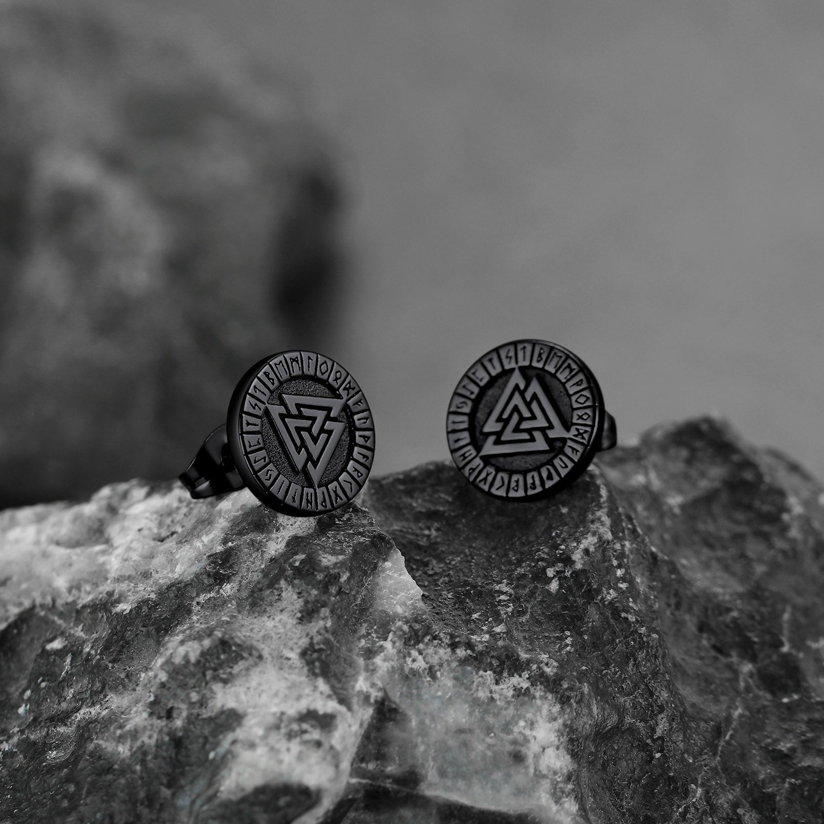 Viking Valknut Black Stud Earrings For Men With Runes