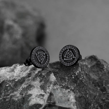 Viking Valknut Black Stud Earrings For Men With Runes