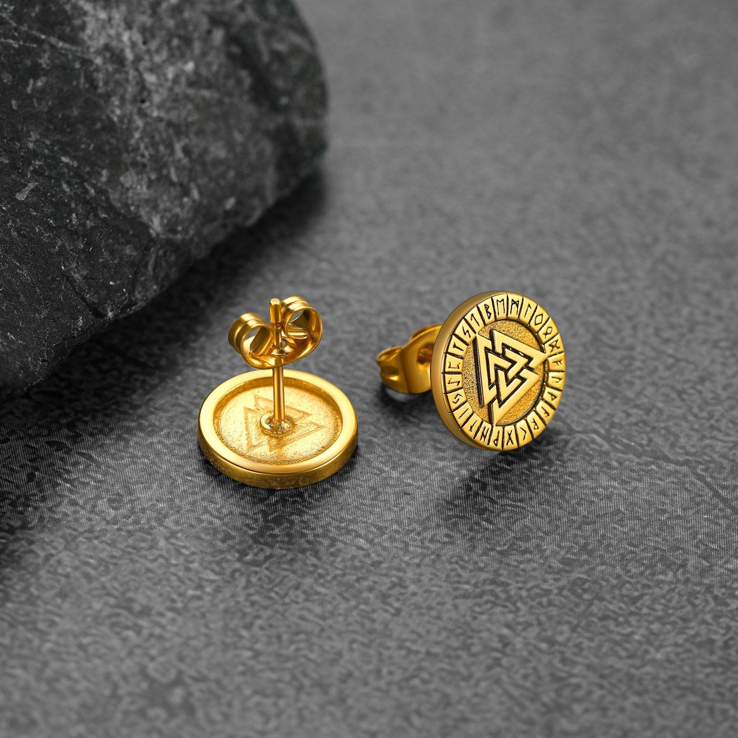 Viking Valknut Black Stud Earrings For Men With Runes