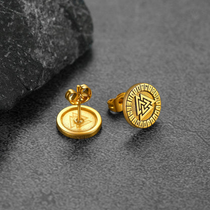 Viking Valknut Black Stud Earrings For Men With Runes