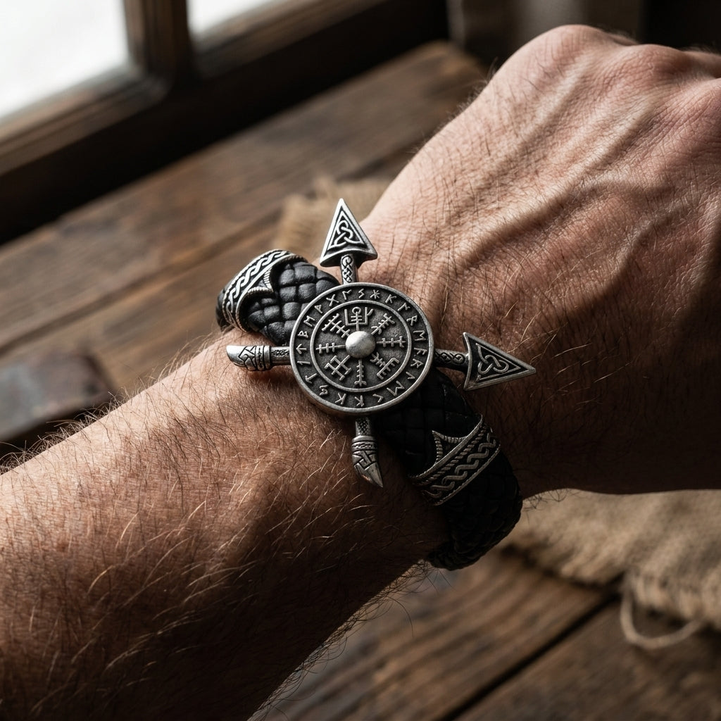 Viking Crossed Spear & Shield Leather Bracelet