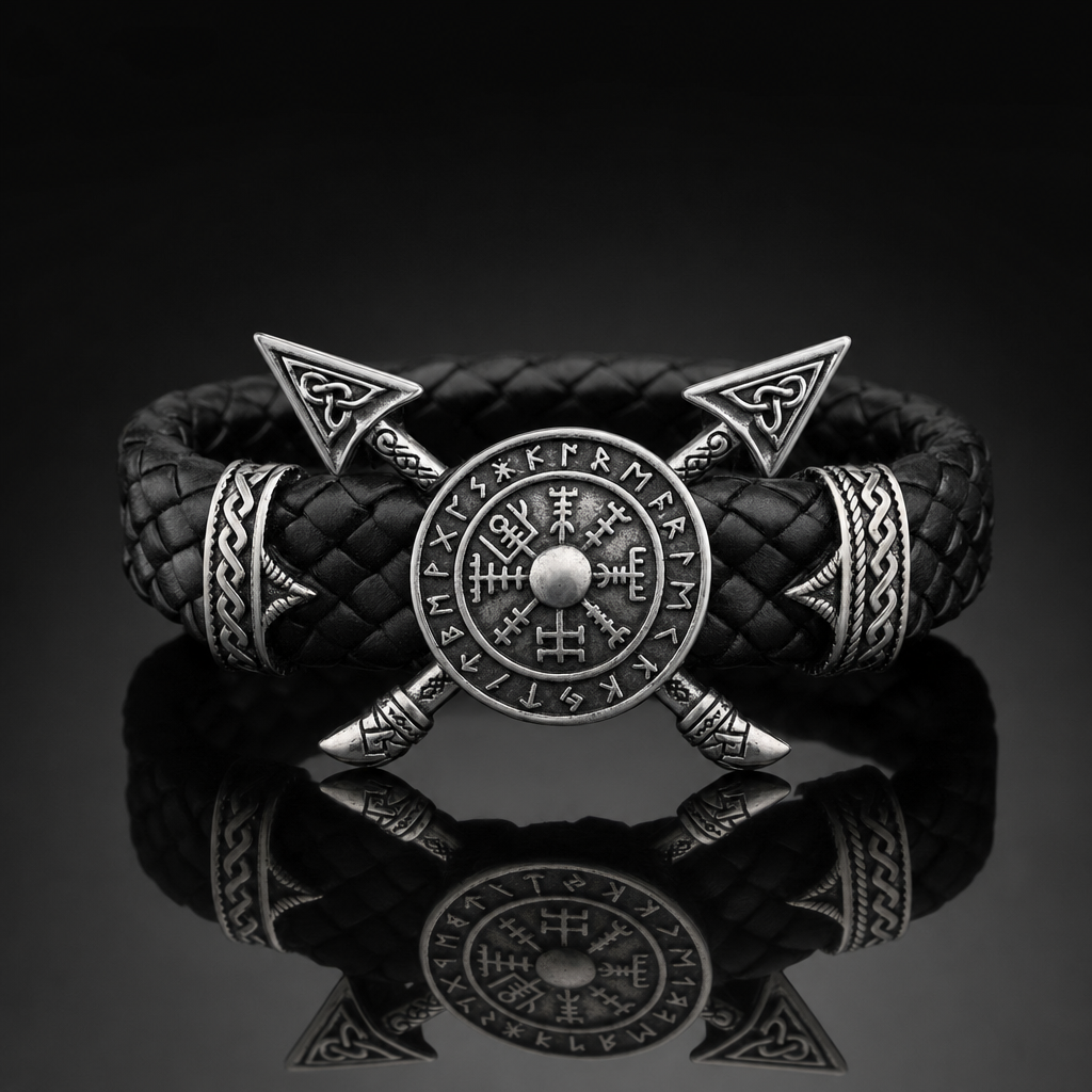 Viking Crossed Spear & Shield Leather Bracelet