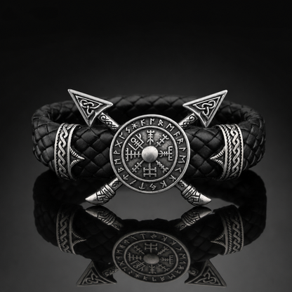 Viking Crossed Spear & Shield Leather Bracelet