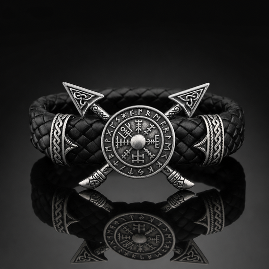 Viking Crossed Spear & Shield Leather Bracelet