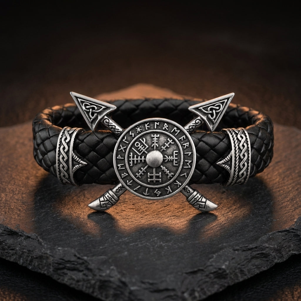 Viking Crossed Spear & Shield Leather Bracelet