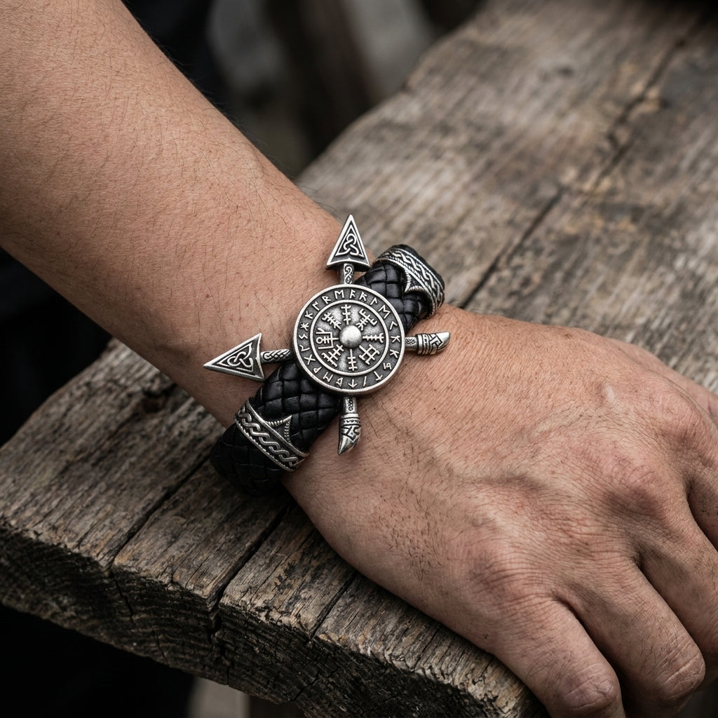 Viking Crossed Spear & Shield Leather Bracelet