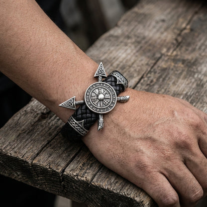 Viking Crossed Spear & Shield Leather Bracelet