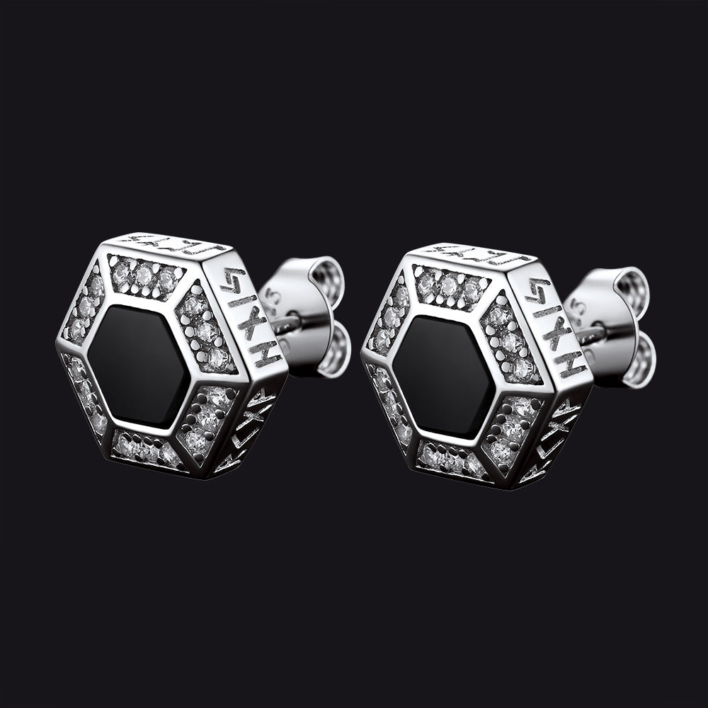 Viking Rune Hexagon Black Onyx Stud Earrings for Men