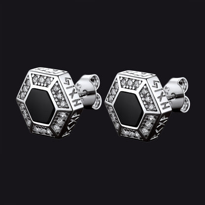 Viking Rune Hexagon Black Onyx Stud Earrings for Men