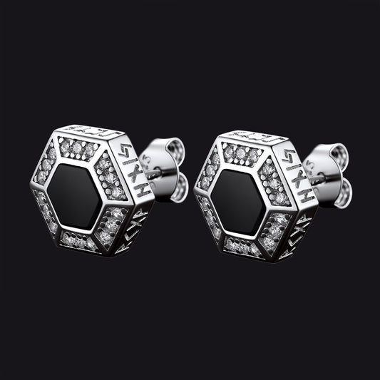 Viking Rune Hexagon Black Onyx Stud Earrings for Men