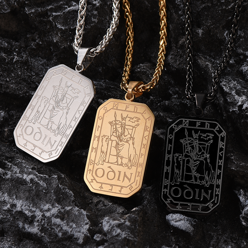 Viking Rune Odin Dog Tag Pendant Necklace for Men