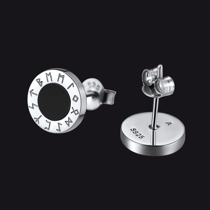 Black Onyx Stud Earrings With Viking Runes in Sterling Silver
