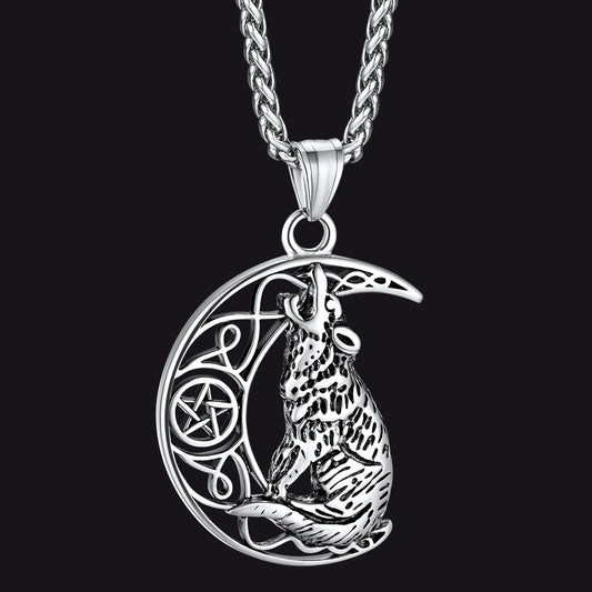 Viking Celtic Crescent Moon Wolf Necklace Jewelry for Men