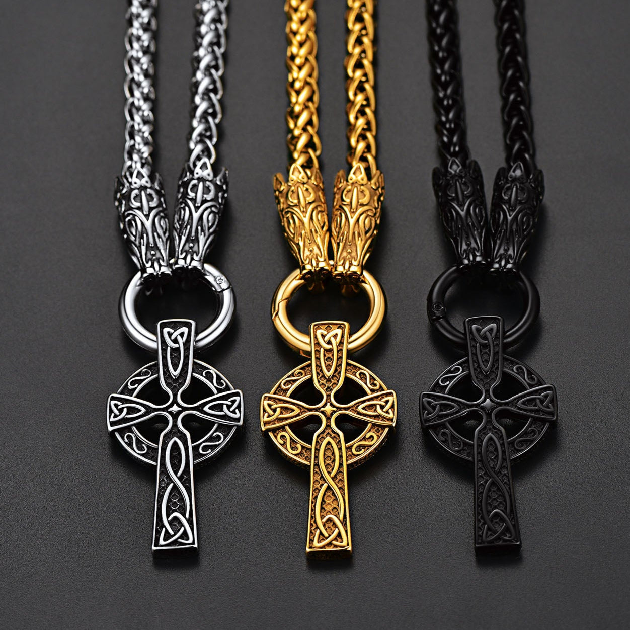 Celtic Knot Cross Necklace With Wolf Rope Chain For Men