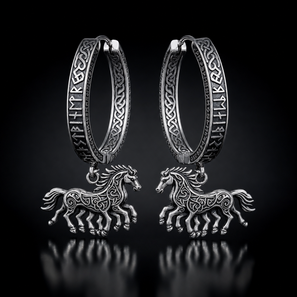 Viking Sleipnir Horse Dangle Hoop Earrings