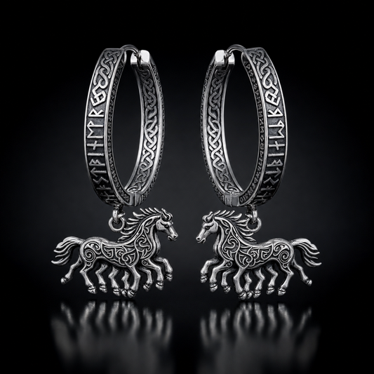 Viking Sleipnir Horse Dangle Hoop Earrings