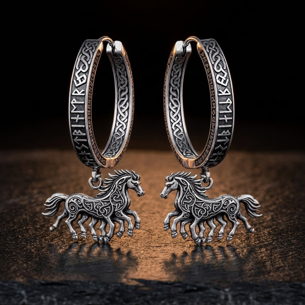 Viking Sleipnir Horse Dangle Hoop Earrings