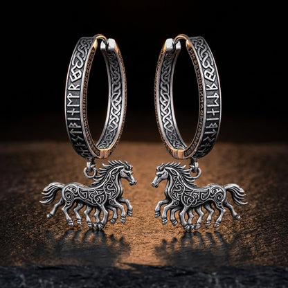 Viking Sleipnir Horse Dangle Hoop Earrings