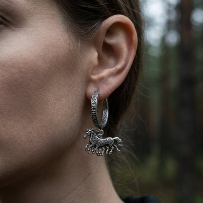 Viking Sleipnir Horse Dangle Hoop Earrings