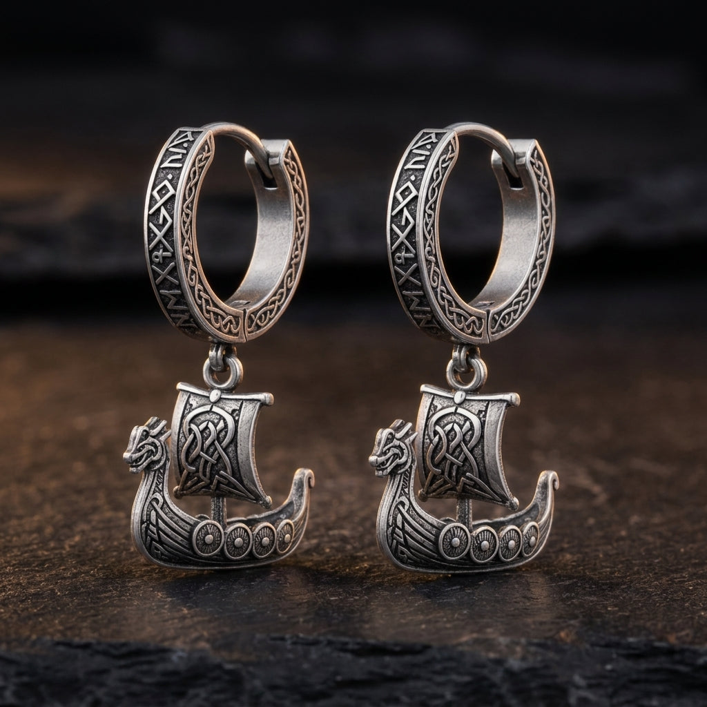 Viking Longship Drakkar Hoop Earrings