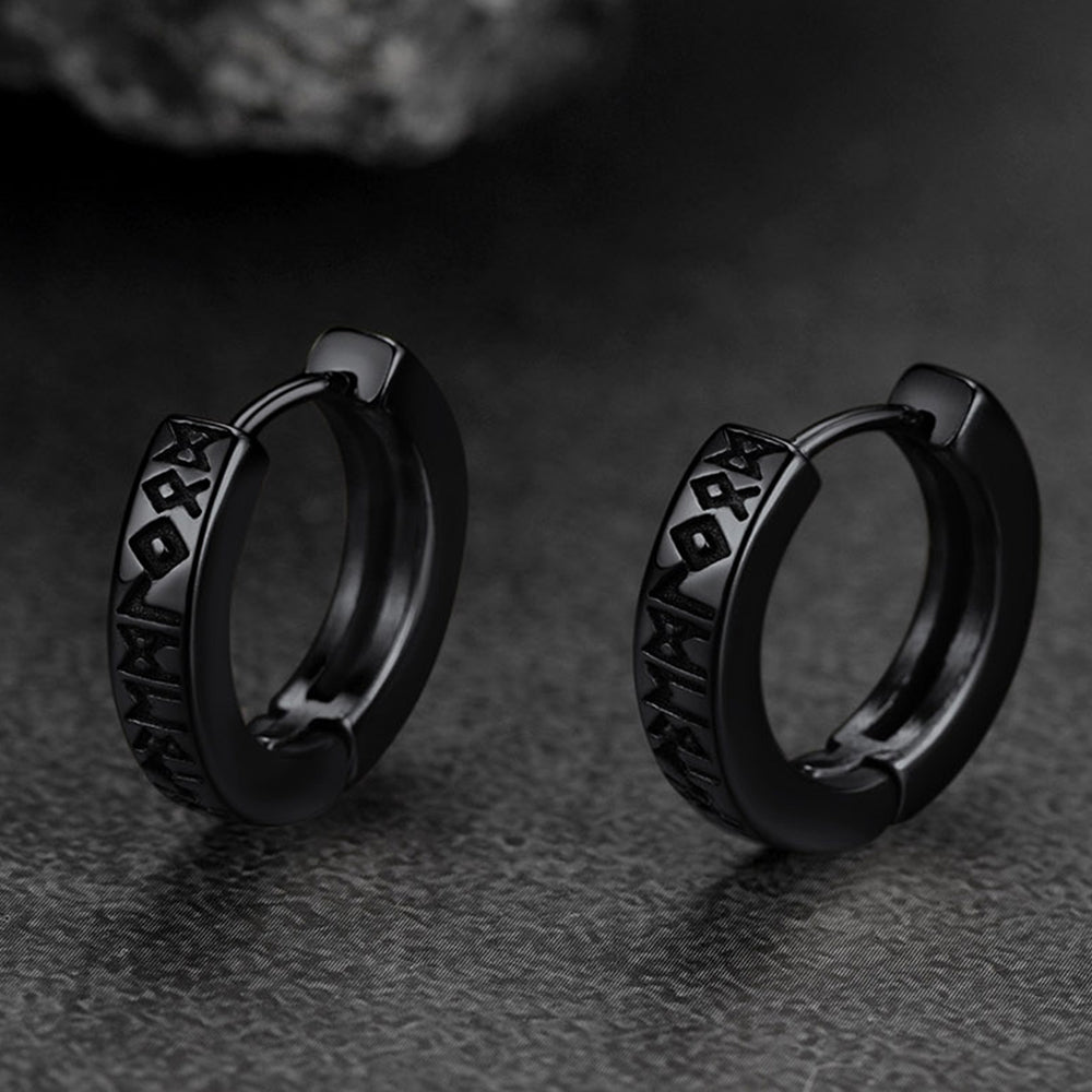Norse Viking Rune Hoop Earrings & Wolf Medal Necklace Set For Men