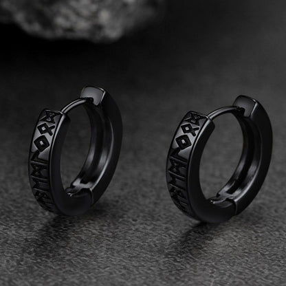 Norse Viking Rune Hoop Earrings & Circle Leather Necklace Set For Men