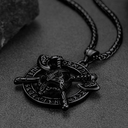 Viking Axe Helmet Pendant Necklace For Men With Runes