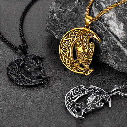 Celtic Crescent Moon Necklace With Odin Raven