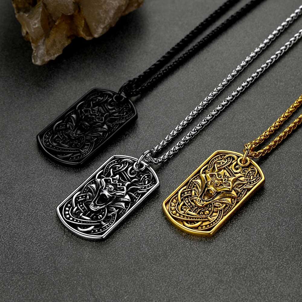 Engraved Viking Celtic Wolf Dog Tag Necklace for Men