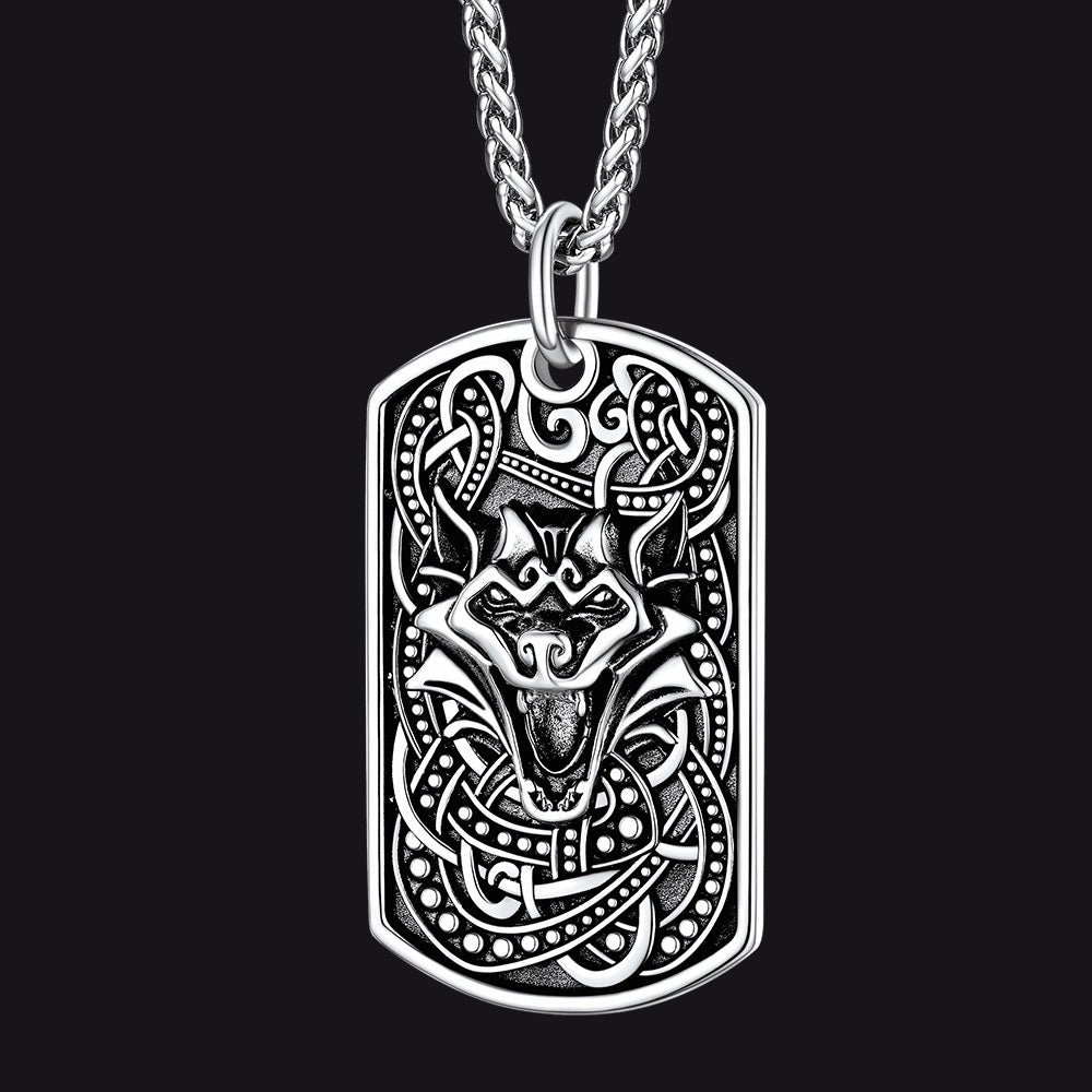Engraved Viking Celtic Wolf Dog Tag Necklace for Men