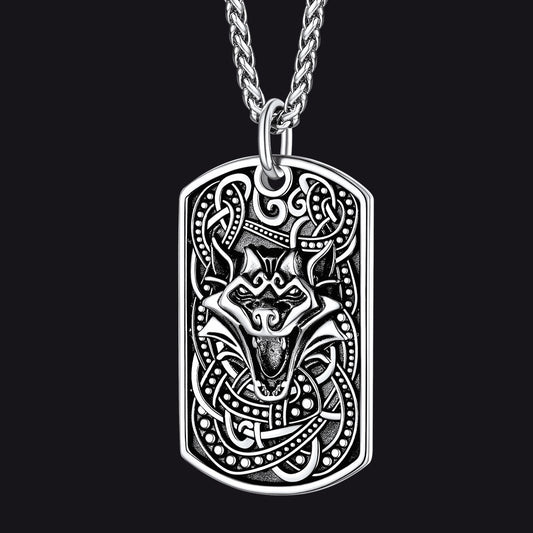 Engraved Viking Celtic Wolf Dog Tag Necklace for Men