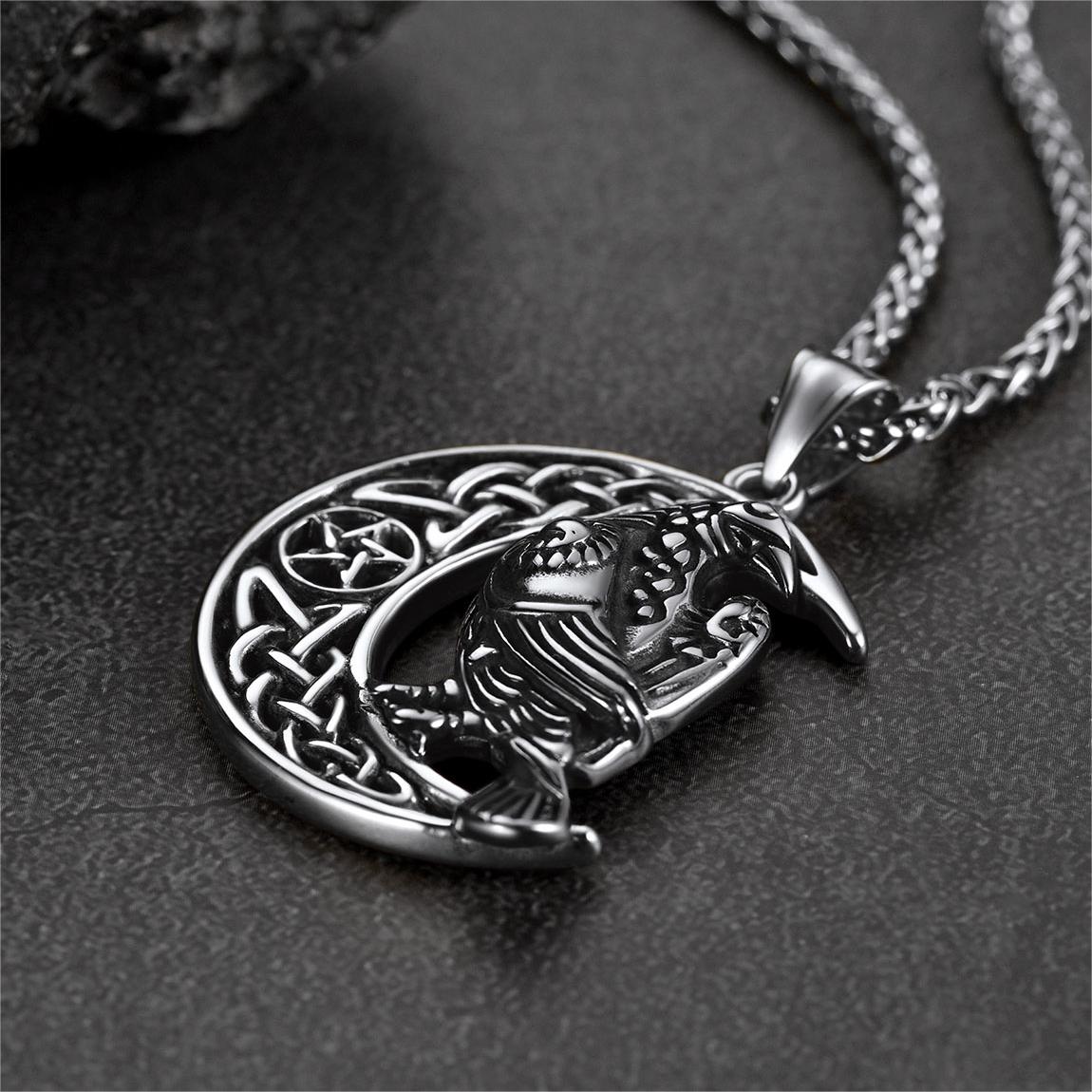 Celtic Crescent Moon Necklace With Odin Raven