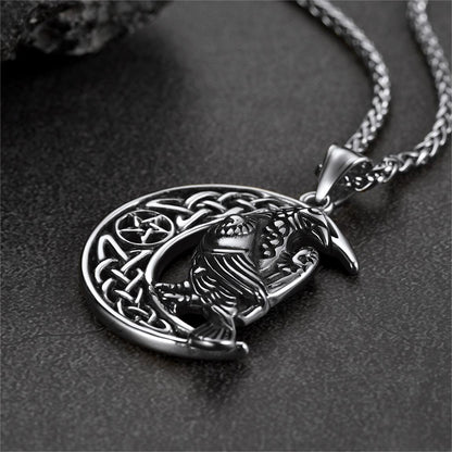 Celtic Crescent Moon Necklace With Odin Raven