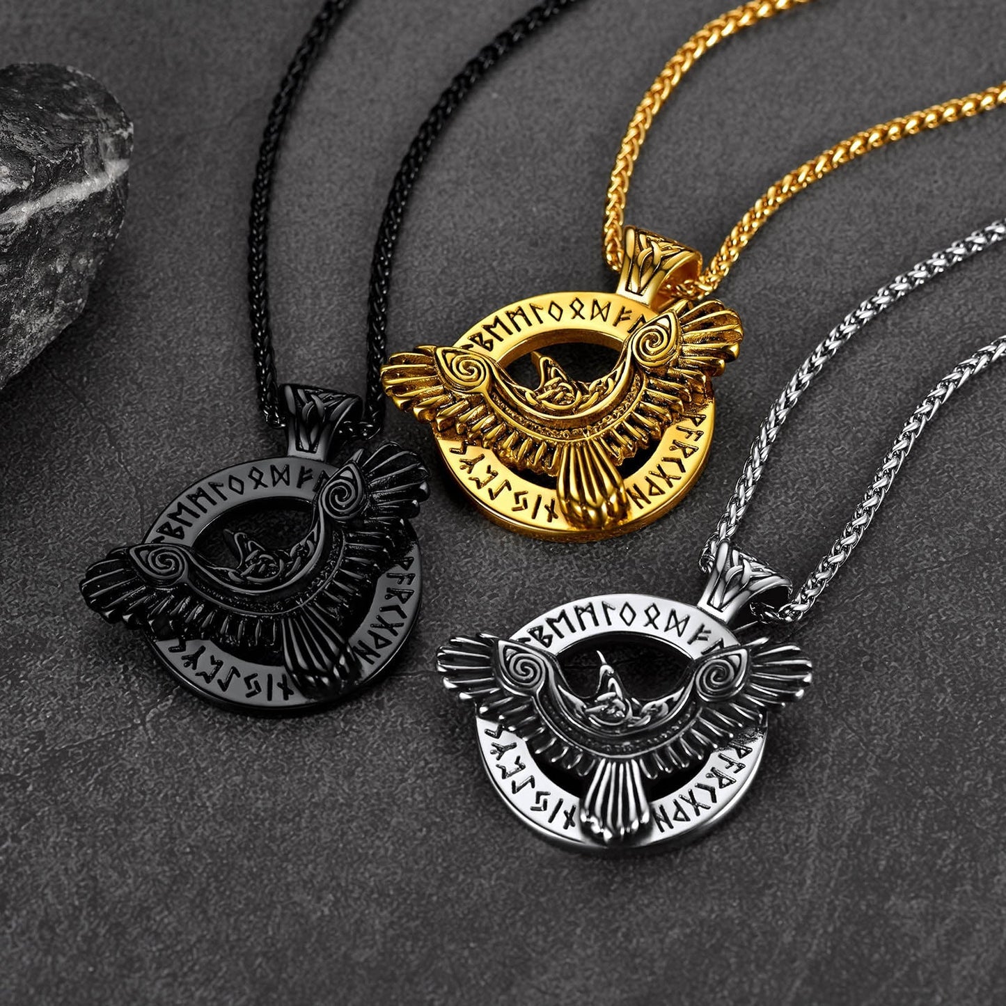 Viking Odin's Raven Necklace For Men With Runes
