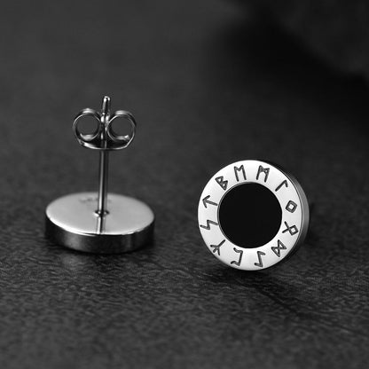 Black Onyx Stud Earrings With Viking Runes in Sterling Silver