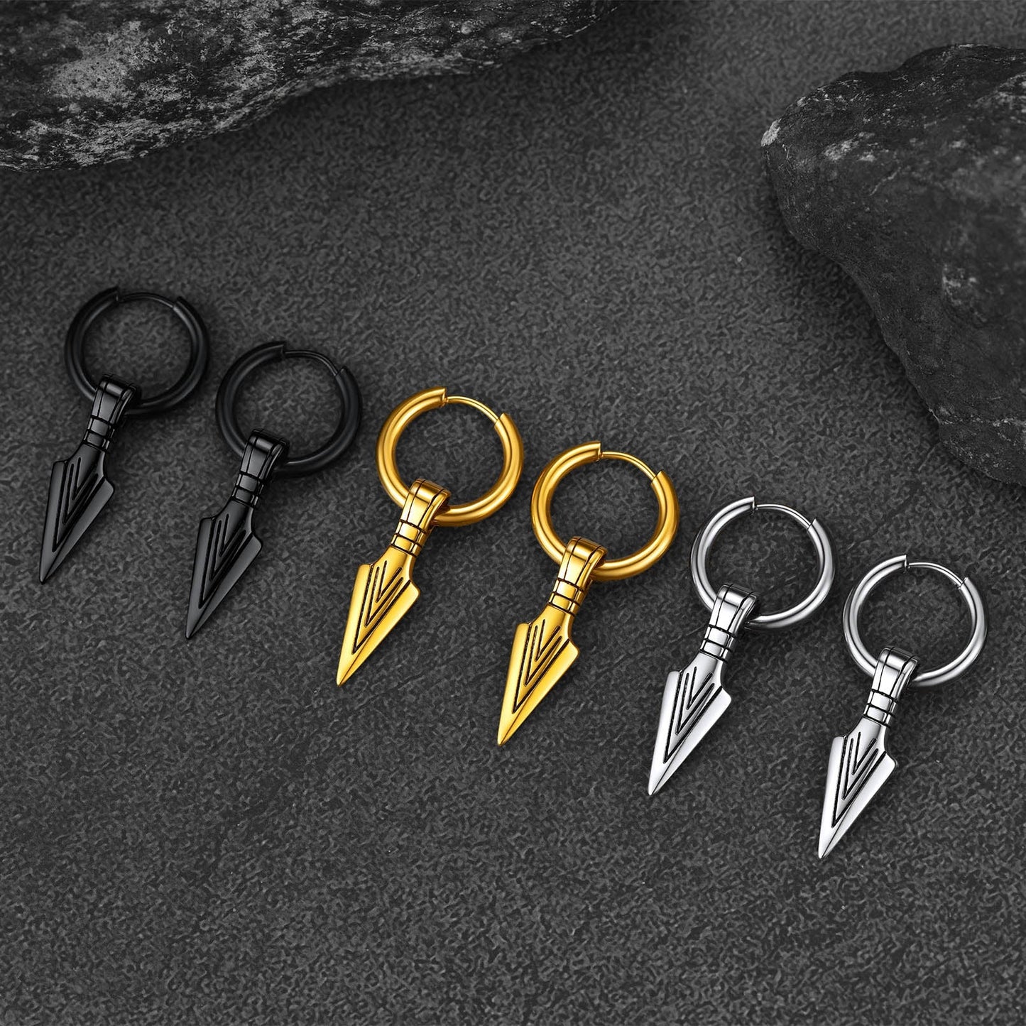 Viking Earrings for Men – Arrowhead Spear Gungnir Drop Hoop Earrings