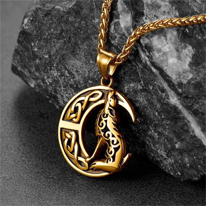 Viking Celtic Crescent Moon Wolf Necklace Pendant For Men